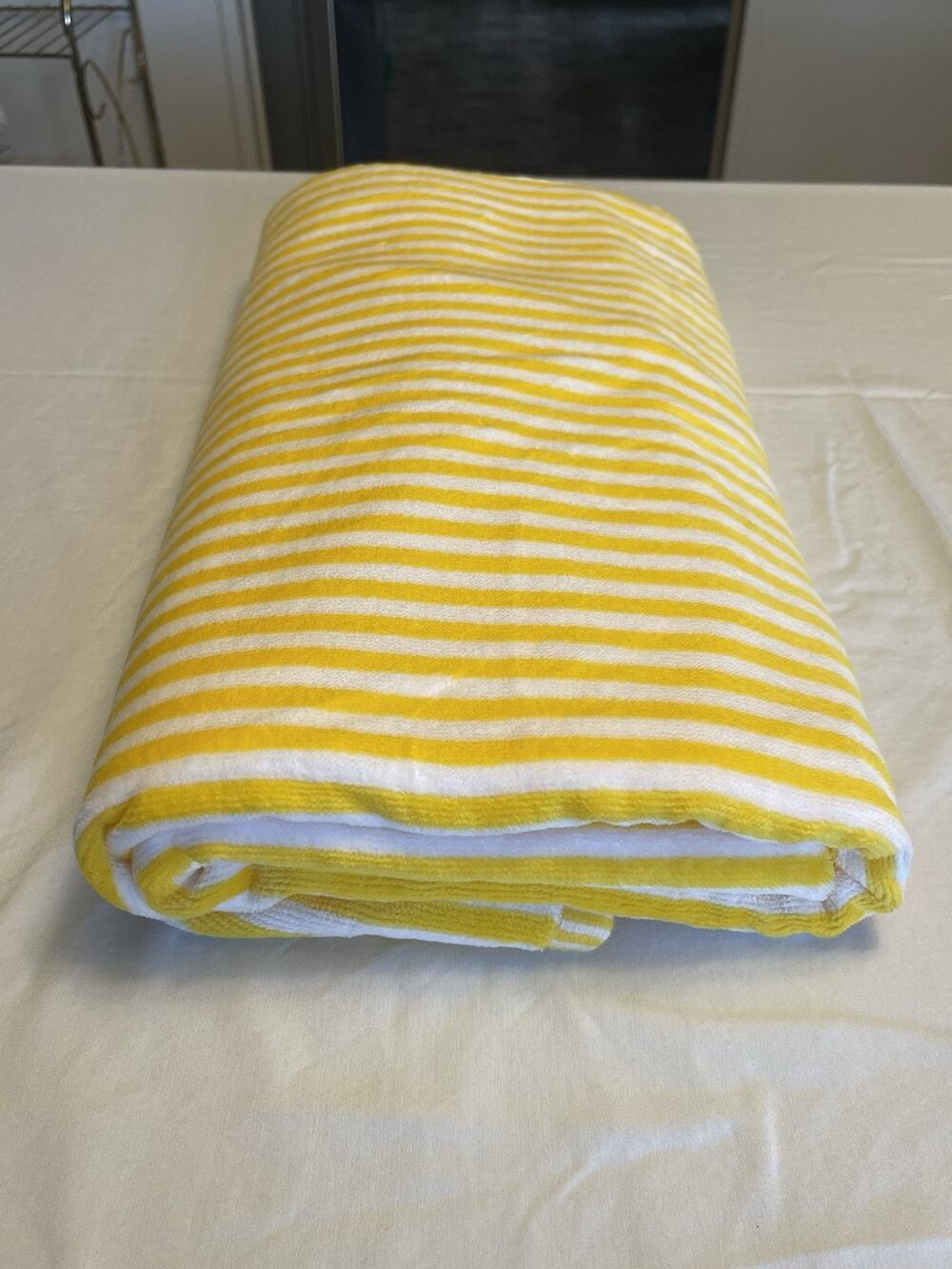 Common Thread Oversized Beach Towel 100% Cotton Yellow and Wht Stripes 68 X 36